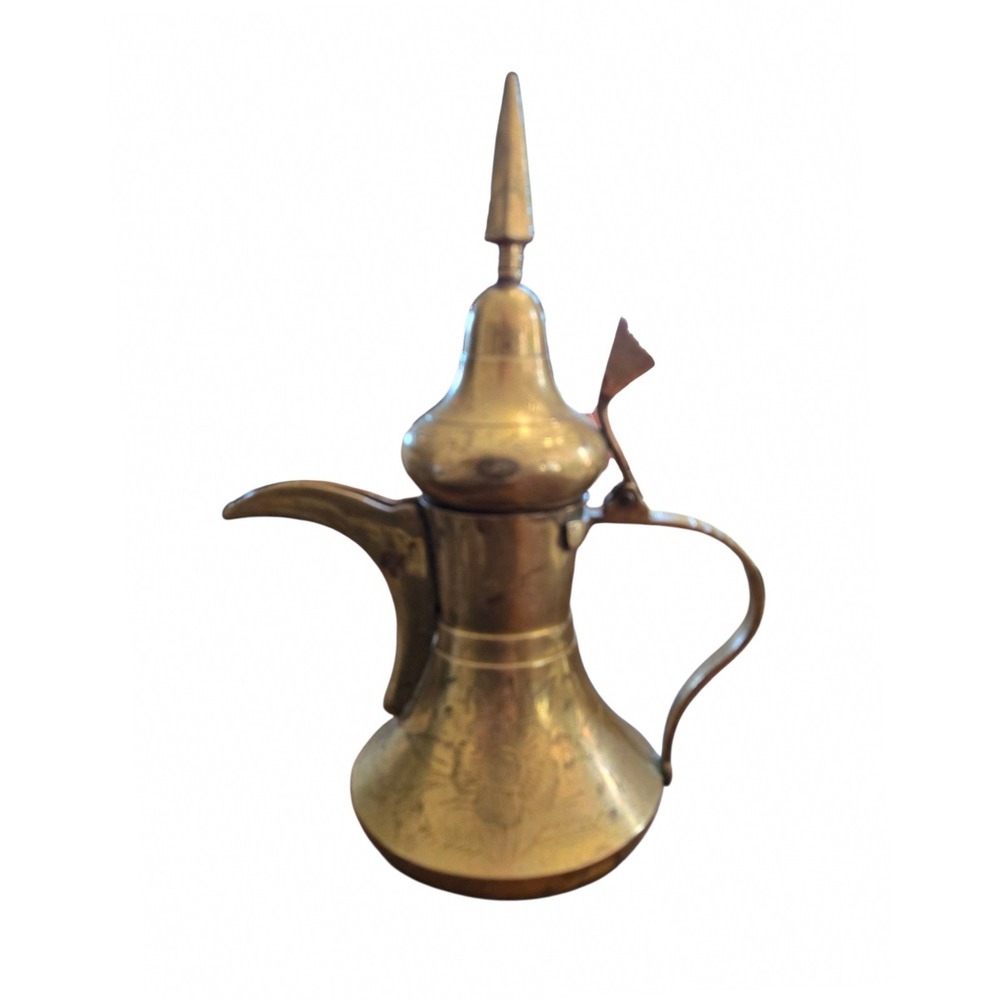 Vintage Brass Dallah Coffee Pot Etched Middle Eastern Decorative Pitcher 9in - Picture 2 of 7